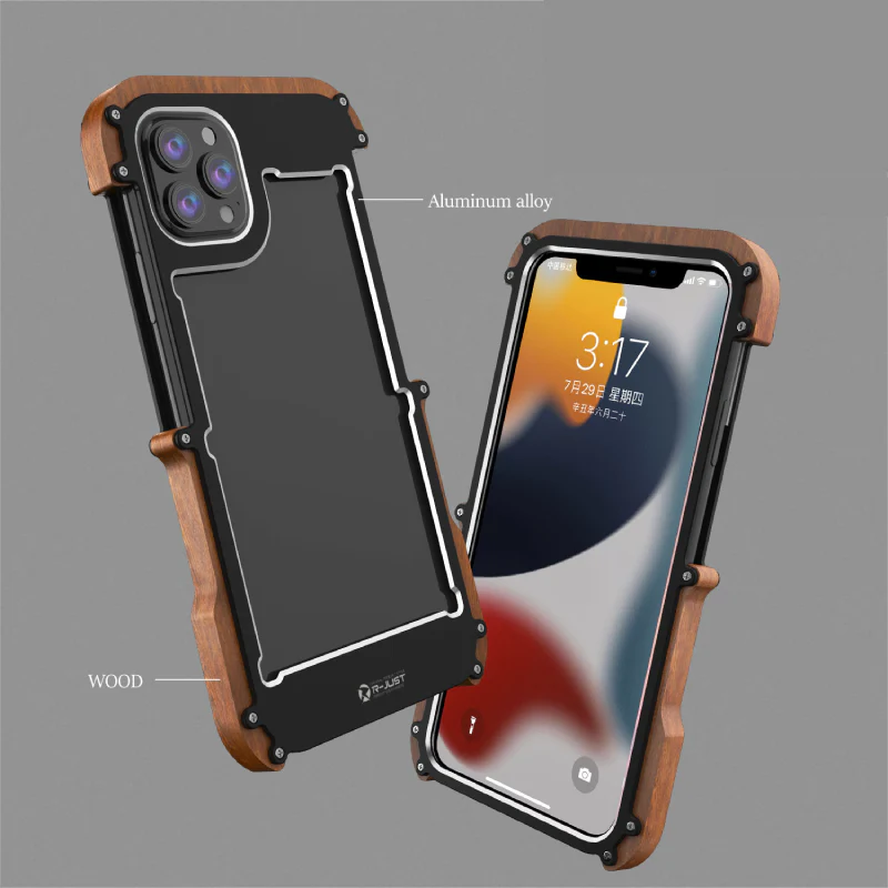 iPhone 13 Series R-Just Aluminium & Natural Wood Anti-shock Bumper Case - Image 8